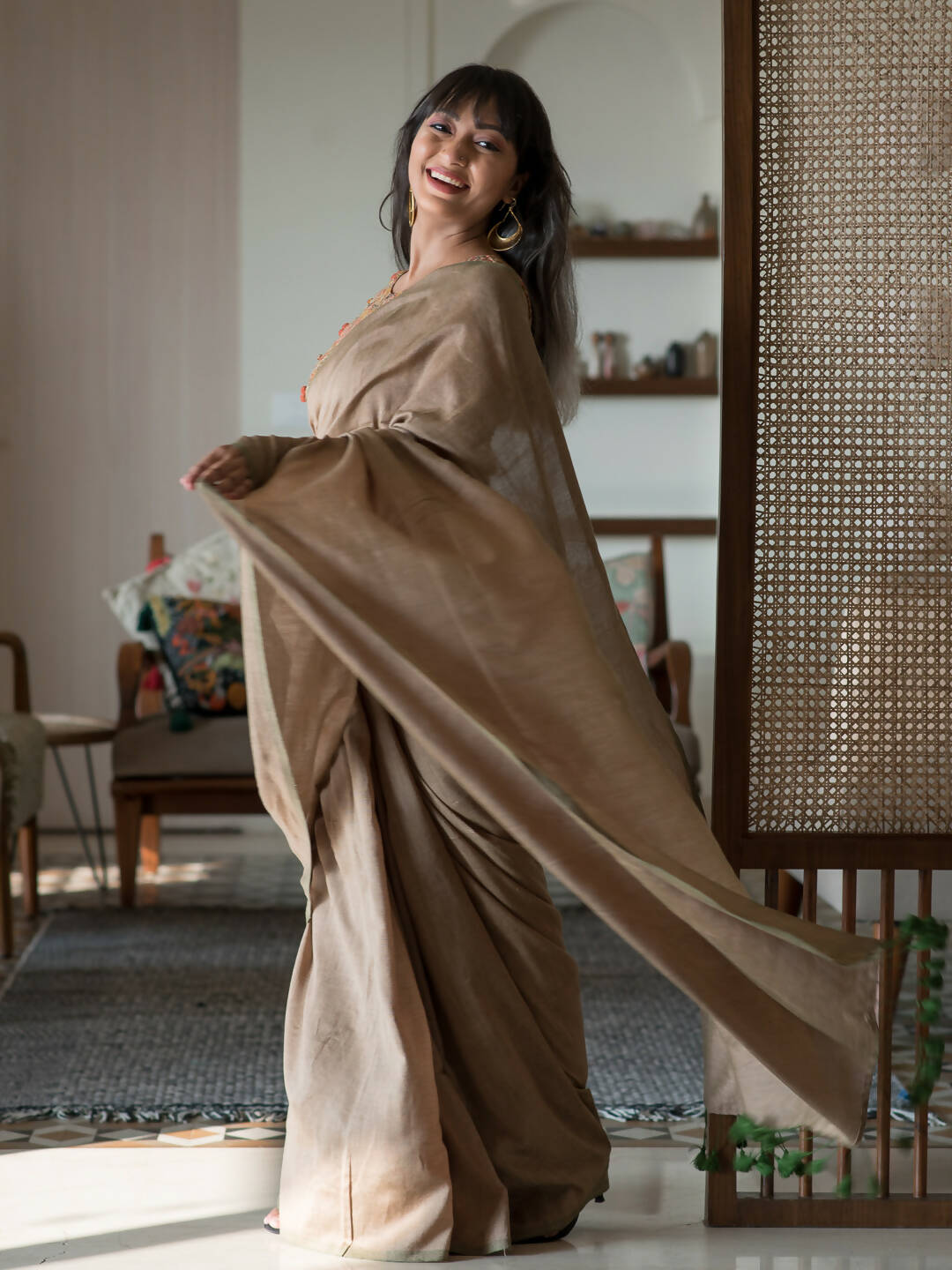 Suta Taupe Solid Cotton Blend Saree - Distacart