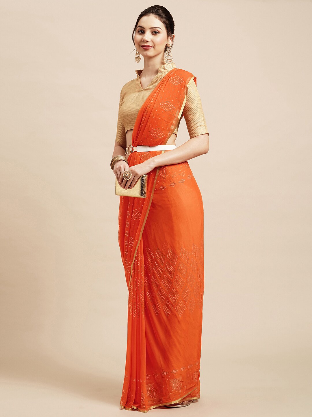 Saree Mall Orange & Gold-Toned Floral Sarees - Distacart