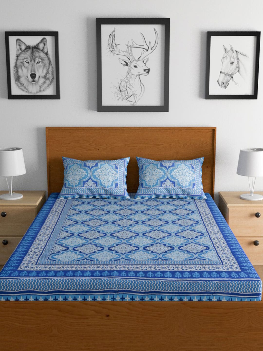 Urban Magic Blue Printed Cotton 104 TC King Bedsheet with 2 Pillow Covers - Distacart
