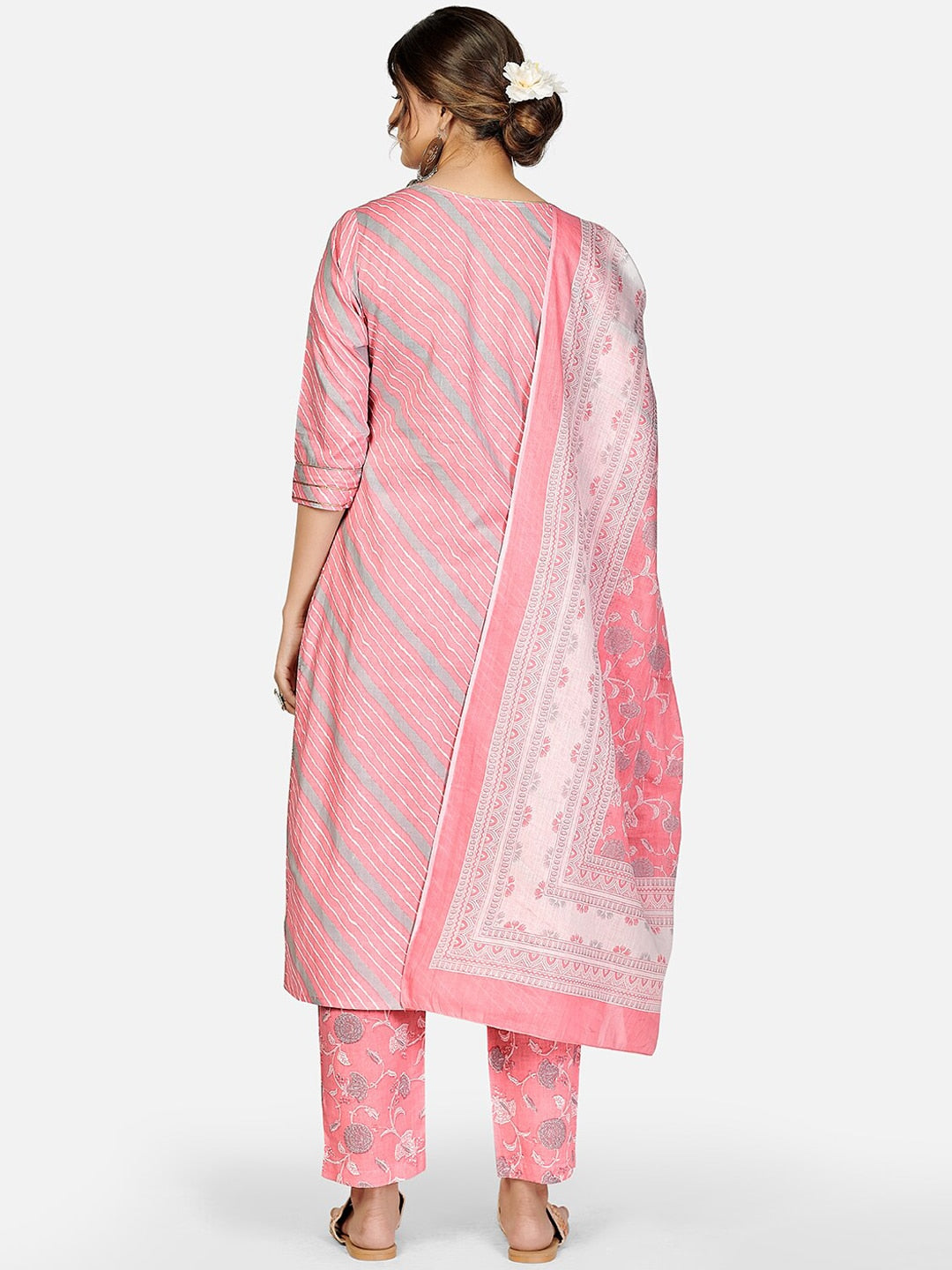 Kalini Women Pink Ethnic Motifs Striped Thread Work Pure Cotton Kurta with Trousers & With Dupatta - Distacart