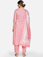 Thumbnail for Kalini Women Pink Ethnic Motifs Striped Thread Work Pure Cotton Kurta with Trousers & With Dupatta - Distacart
