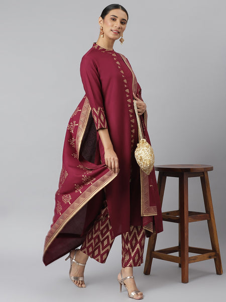 Khushal K Women Maroon Solid Kurta with Trousers & Dupatta - Distacart