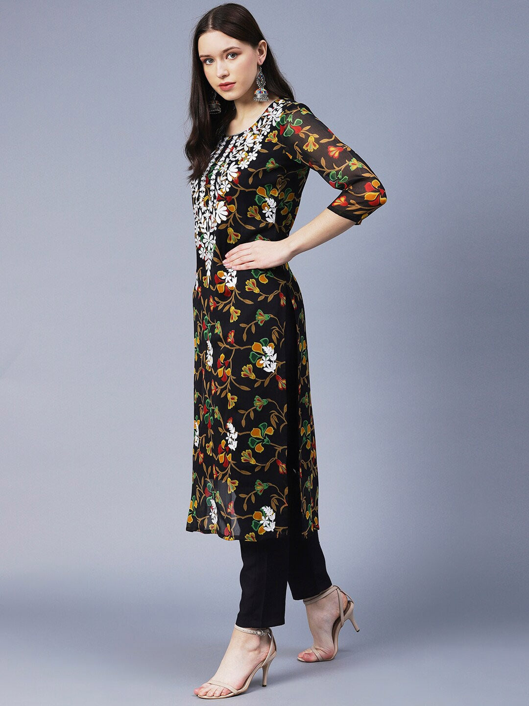 Kalini Women Floral Printed Georgette Chikankari Embroidery Kurti - Distacart