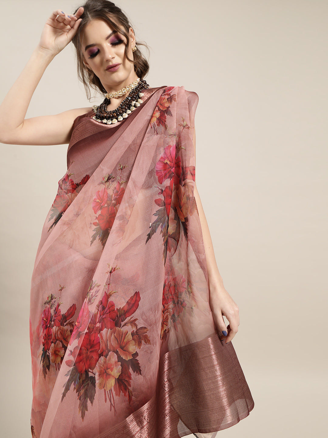 Saree Mall Mauve & Red Organza Block Print Saree - Distacart