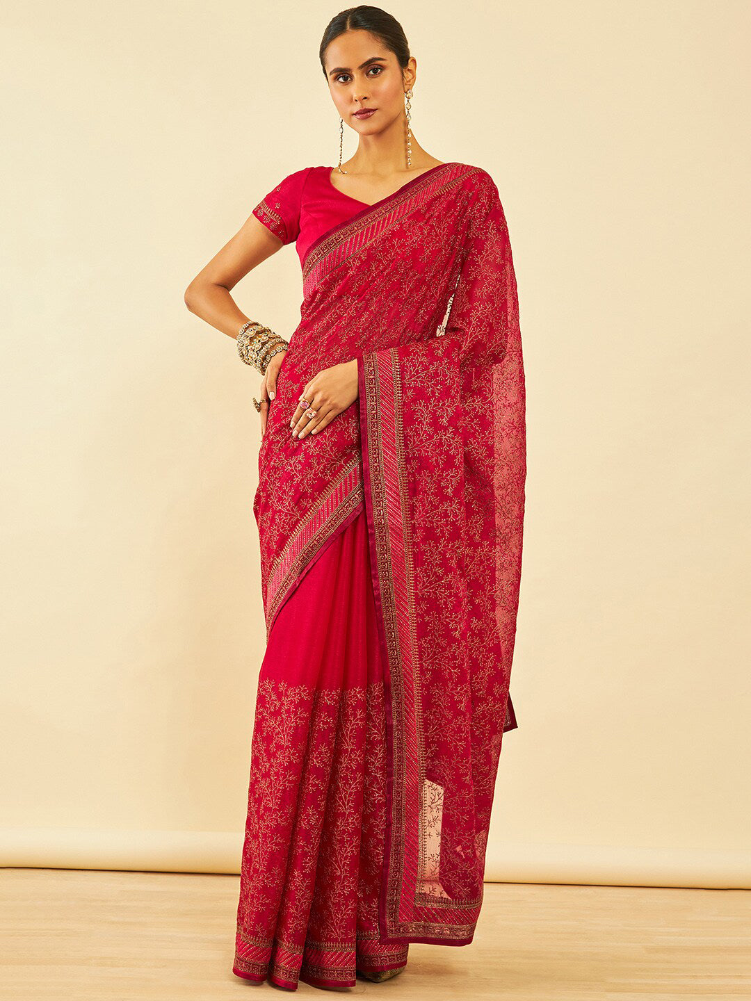 Soch Floral Embroidered Zari Pure Chiffon Saree - Distacart