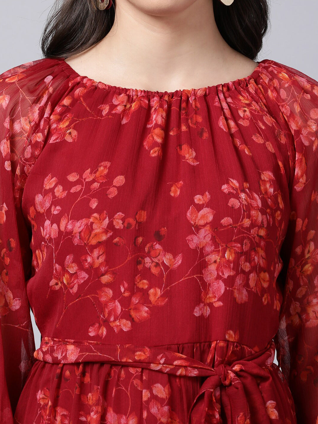 Souchii Maroon Floral Layered Chiffon A-Line Midi Dress - Distacart