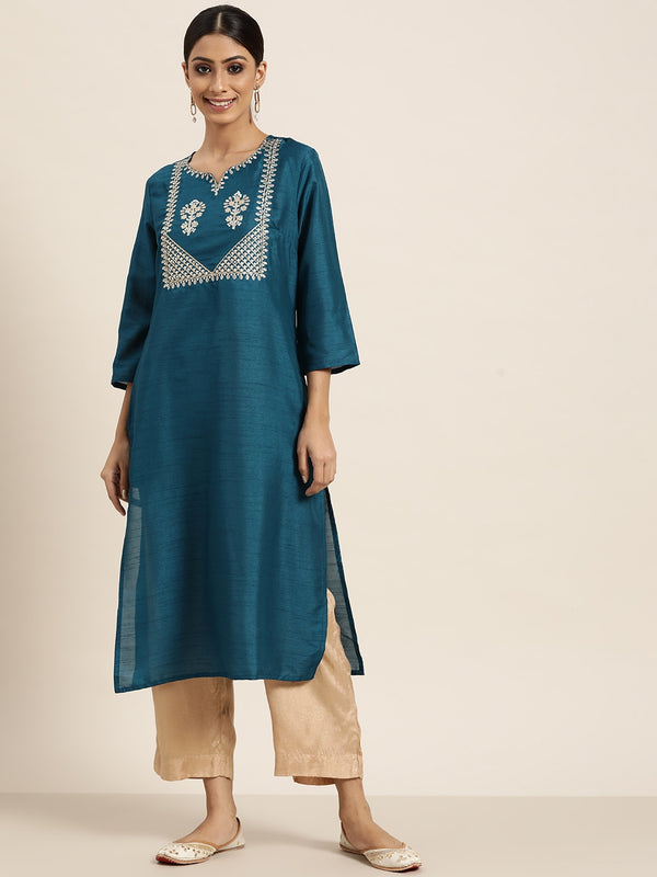 Sangria Women Teal Blue & Golden Ethnic Motifs Embroidered Sequinned Straight Kurta - Distacart