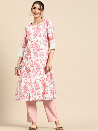 Sangria Floral Printed Cotton Slub Kurta - Distacart