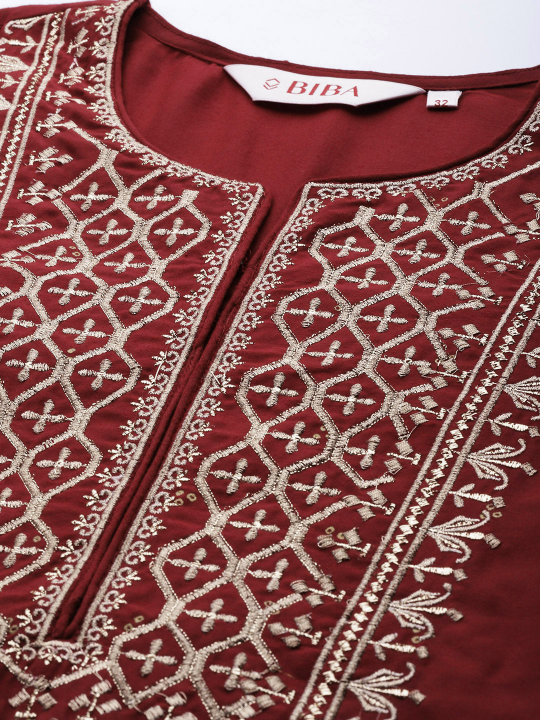 Biba Women Maroon & Golden Ethnic Yoke Design Regular Kurta with Trousers & Dupatta - Distacart