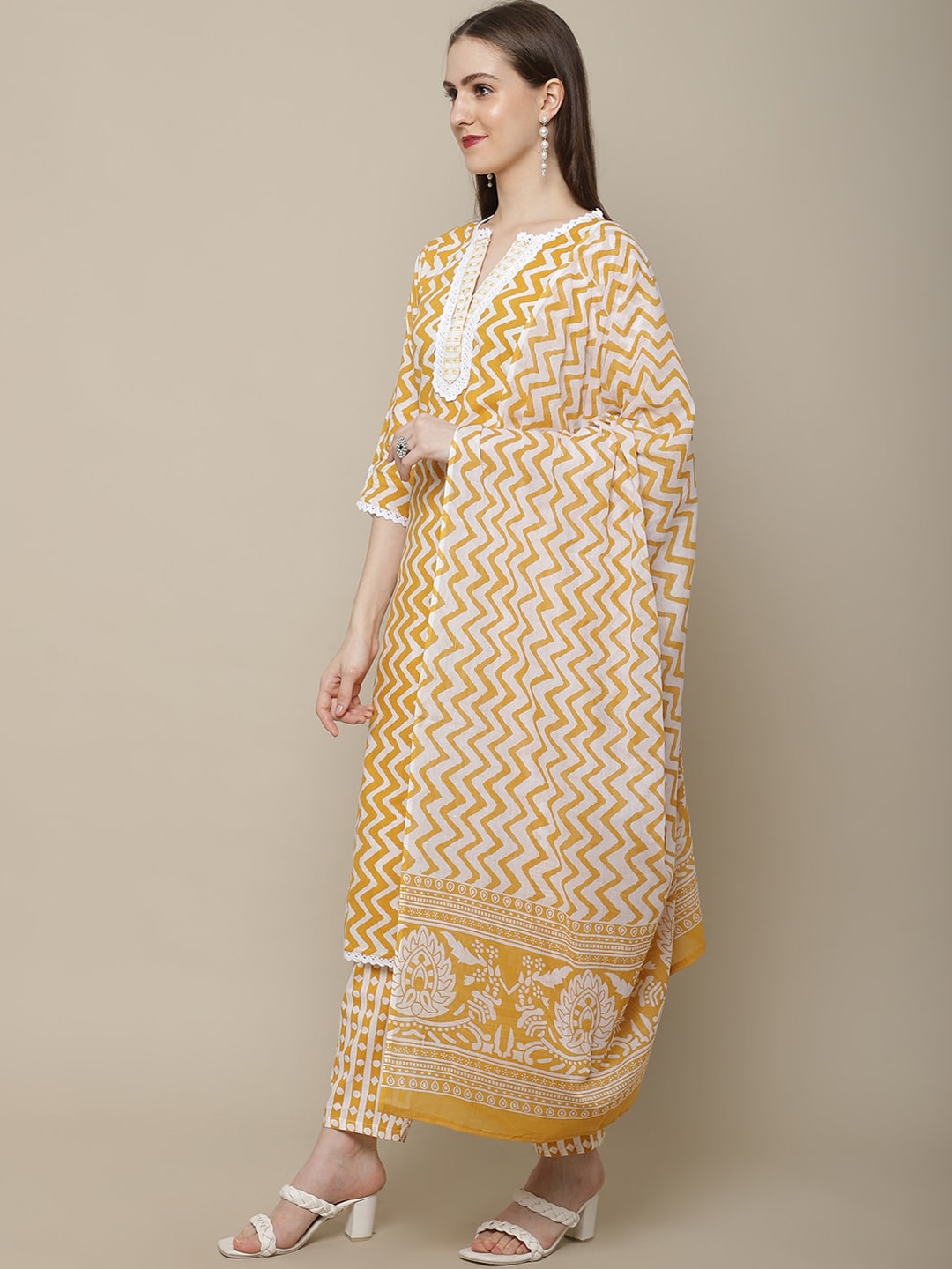 Sangria Women Yellow Printed Pure Cotton Kurti with Trousers & Dupatta Set - Distacart