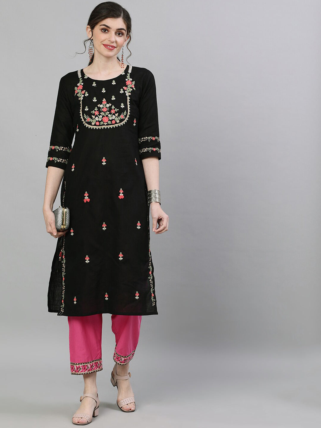 Ishin Women Black & Pink Embroidered Straight Kurta - Distacart