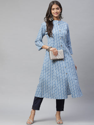 Kalini Women Blue & White Printed Cotton Kurta - Distacart