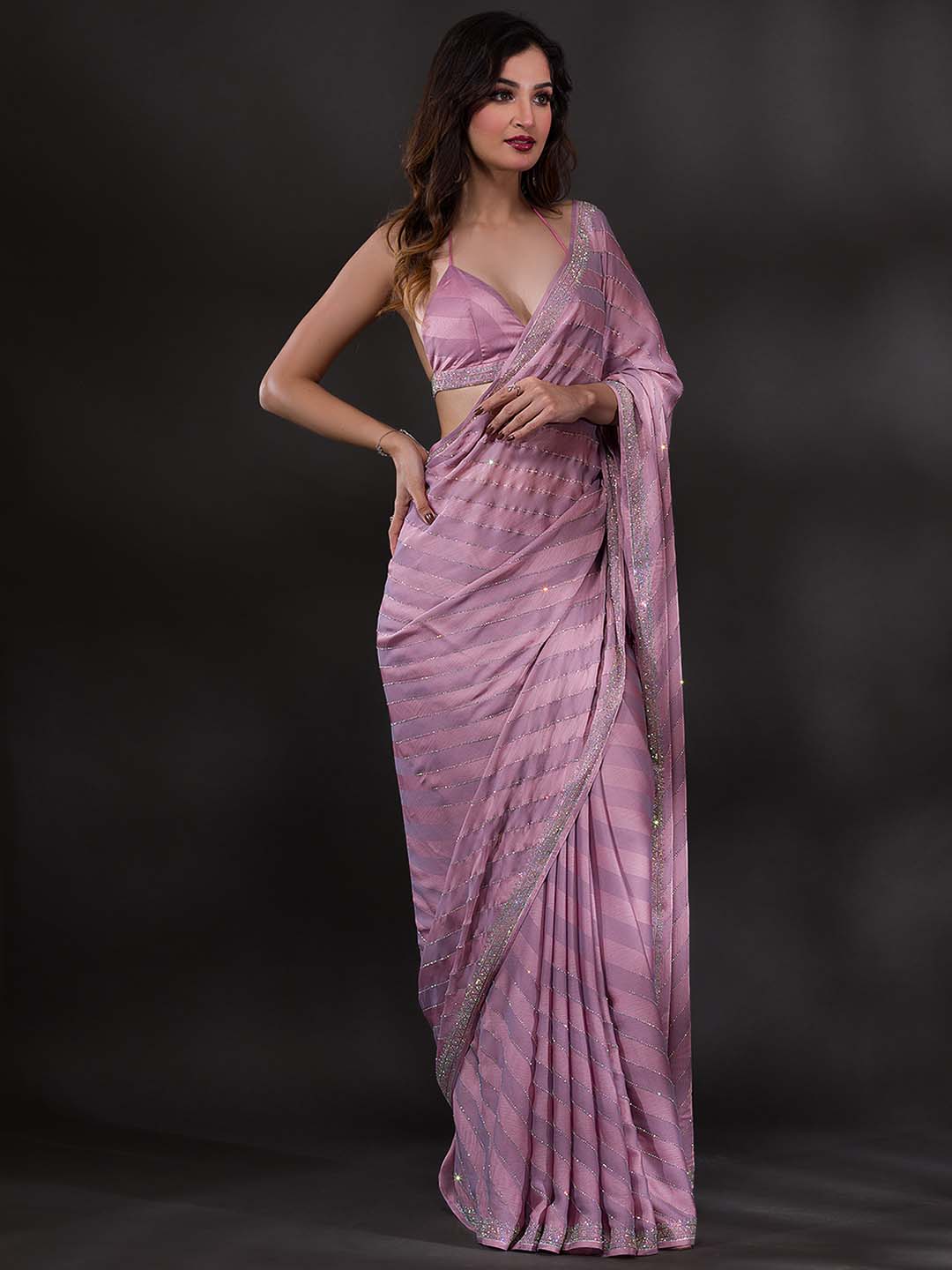 Koskii Lavender Embellished Beads and Stones Poly Crepe Saree - Distacart