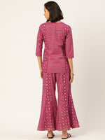 Thumbnail for HERE&NOW Women Pink And Black Ethnic Printed Pure Cotton Kurti With Palazzo And Dupatta - Distacart