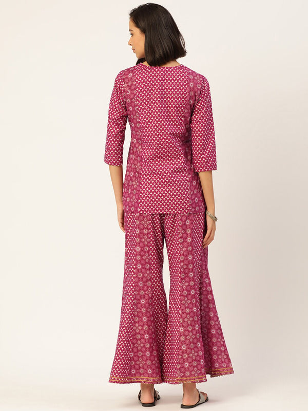 HERE&NOW Women Pink And Black Ethnic Printed Pure Cotton Kurti With Palazzo And Dupatta - Distacart
