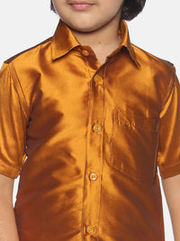 Thumbnail for Sethukrishna Boys Mustard Brown & White Solid Shirt and Veshti Set - Distacart