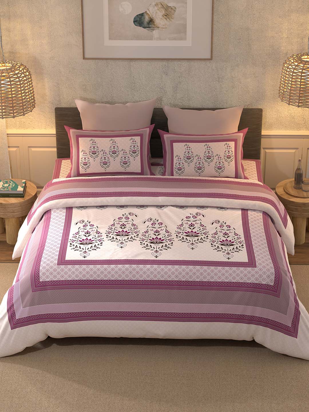 BELLA CASA Pink & White 350TC Ethnic Motifs Pure Cotton King Bedsheet with 2 Pillow Covers - Distacart