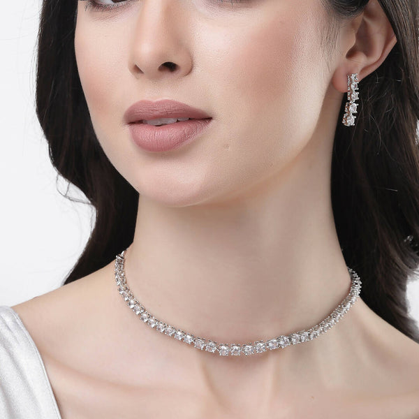 NVR Women Silver Plated Cz Stone Handcrafted Jewellery Set - Distacart