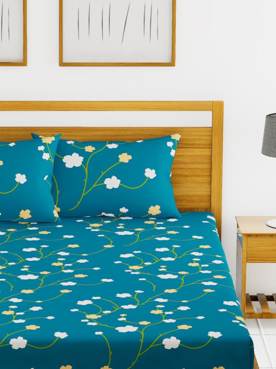 BIANCA Blue & Green Floral Printed 152 TC Cotton 110 GSM Micro-Peached King Bedsheet With 2 Pillow Cover - Distacart