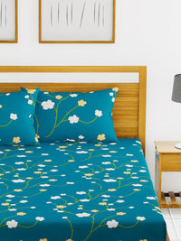 Thumbnail for BIANCA Blue & Green Floral Printed 152 TC Cotton 110 GSM Micro-Peached King Bedsheet With 2 Pillow Cover - Distacart