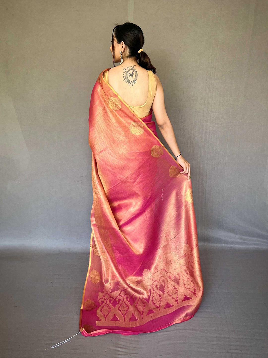Mitera Pink & Gold-Toned Woven Design Zari Tissue Saree - Distacart