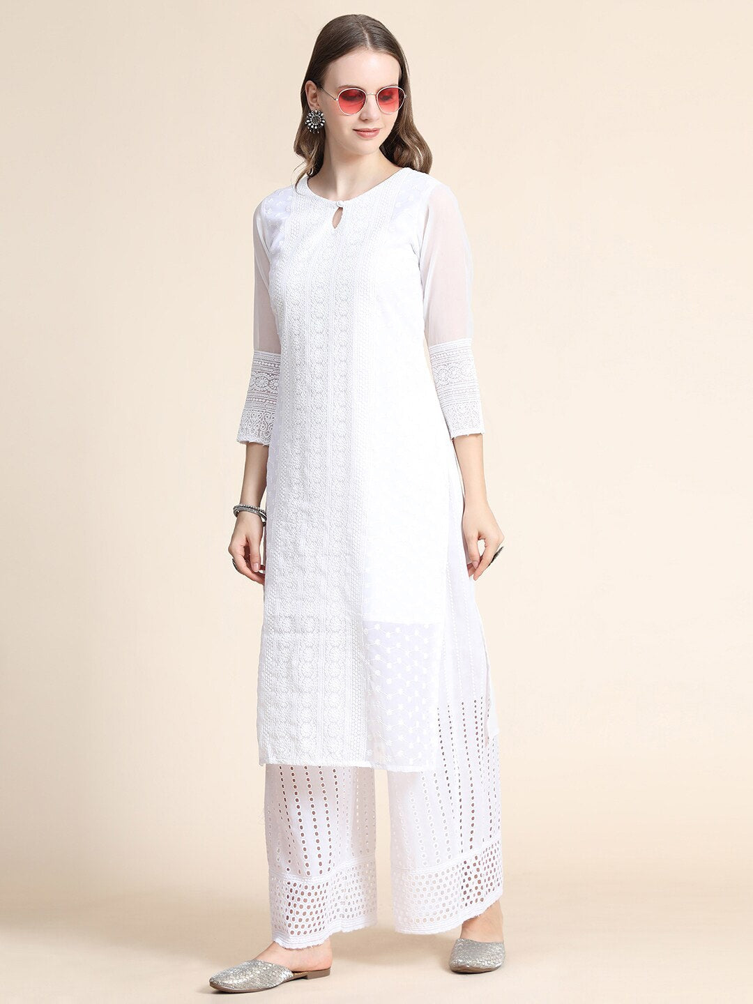 Kalini Women White Ethnic Motifs Embroidered Georgette Kurta - Distacart