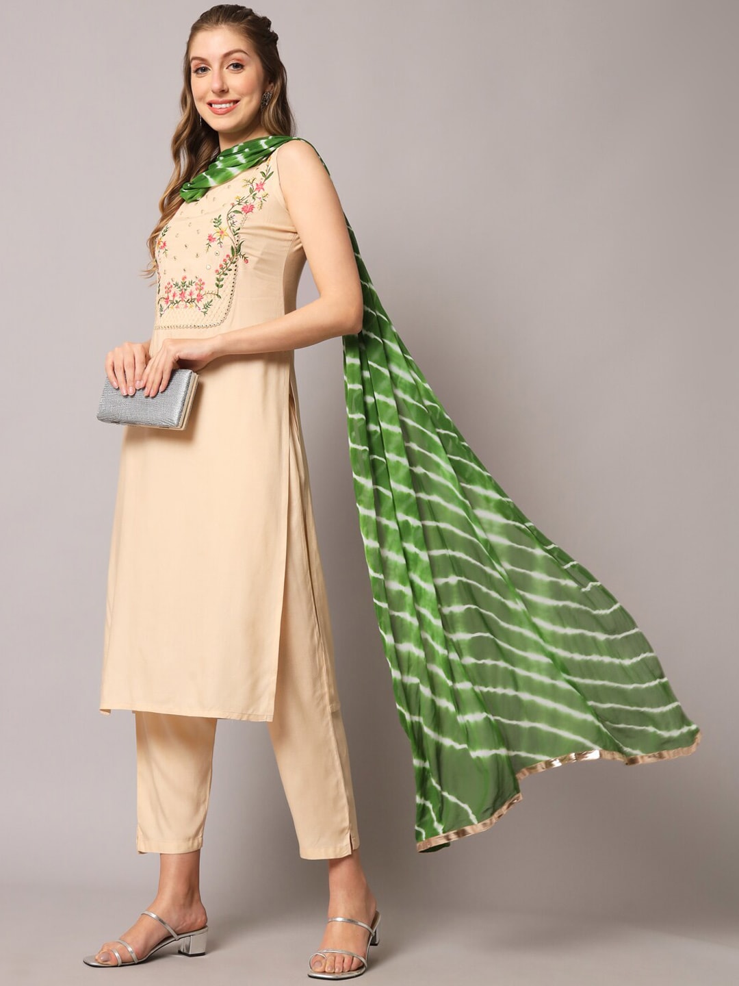 Kalini Floral Embroidered Mirror Work Kurta with Trousers & Dupatta - Distacart