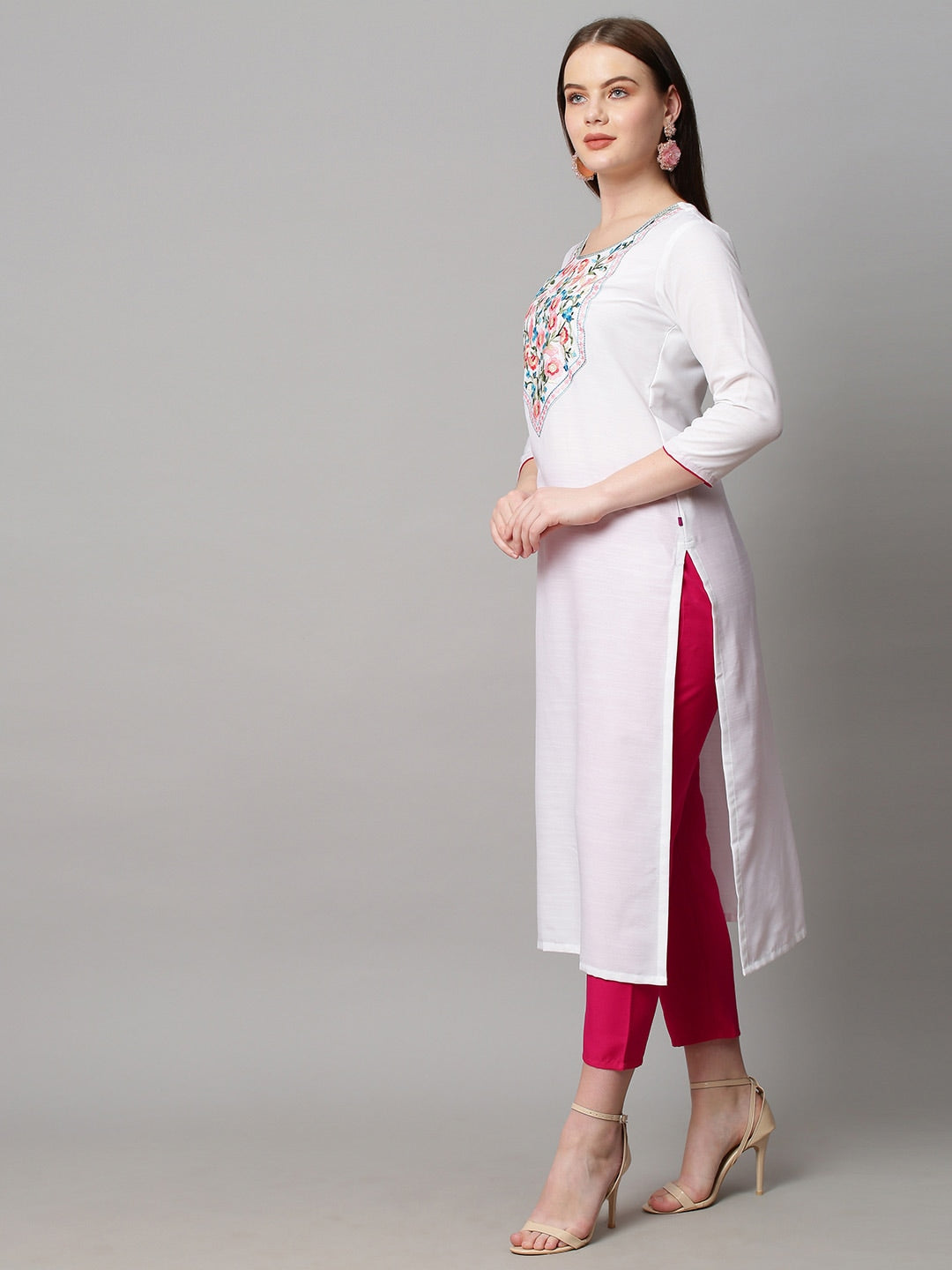 Kalini Women White Floral Yoke Design Kurta with Trousers & Dupatta - Distacart