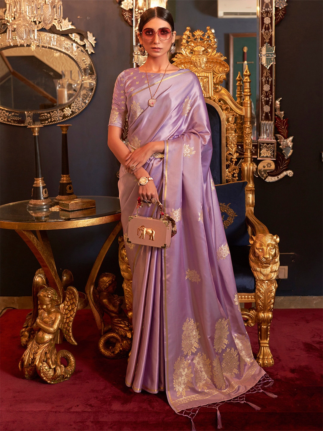 Mitera Purple & Gold-Toned Woven Design Pure Silk Banarasi Saree - Distacart