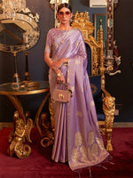 Thumbnail for Mitera Purple & Gold-Toned Woven Design Pure Silk Banarasi Saree - Distacart