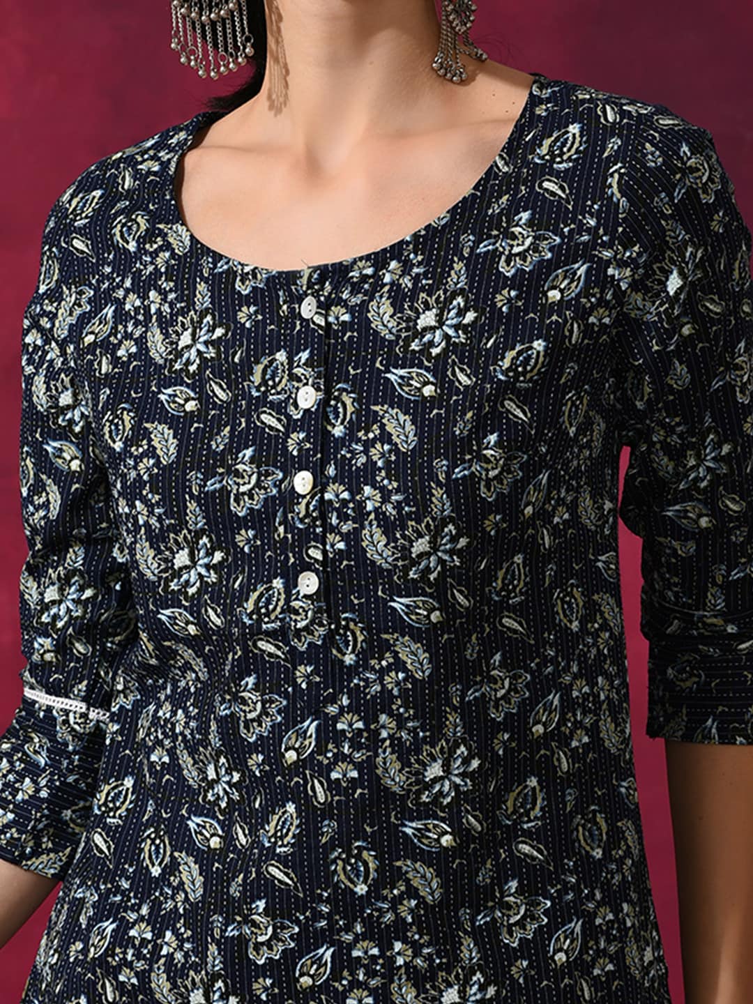 Aks Floral Printed Round Neck Kantha Work Detailed Pure Cotton Kurta with Palazzos - Distacart