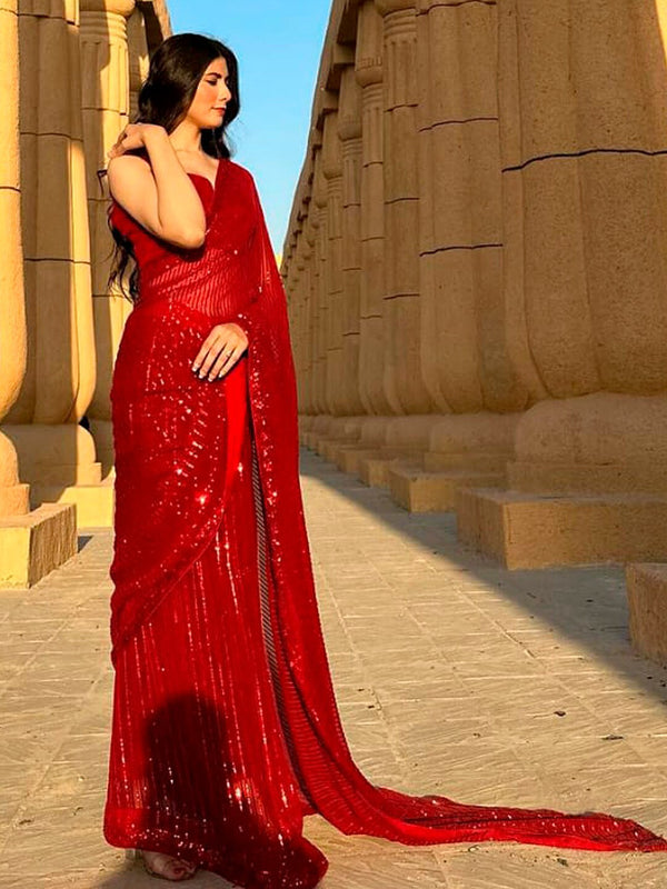 Sangria Red Embellished Pure Georgette Saree - Distacart