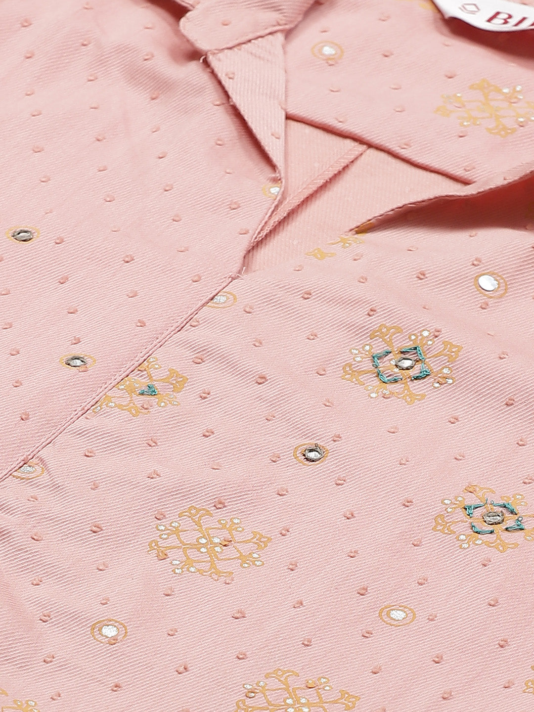 Biba Women Peach-Coloured & Mustard Yellow Mirror Work Printed A-Line Kurta - Distacart