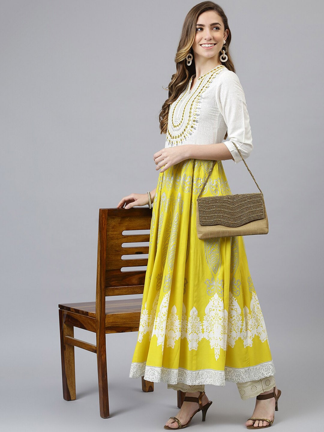 Khushal K Ethnic Motifs Printed Mirror Work Anarkali Kurta - Distacart