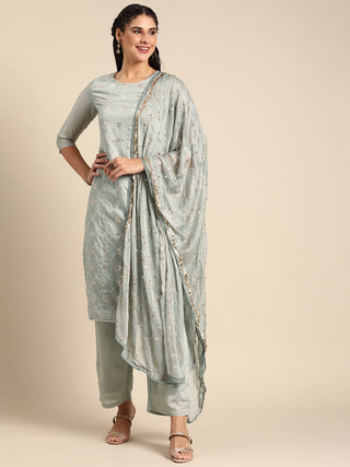 Sangria Women Grey Ethnic Motifs Embroidered Regular Sequinned Chanderi Silk Kurta with Palazzos & With - Distacart