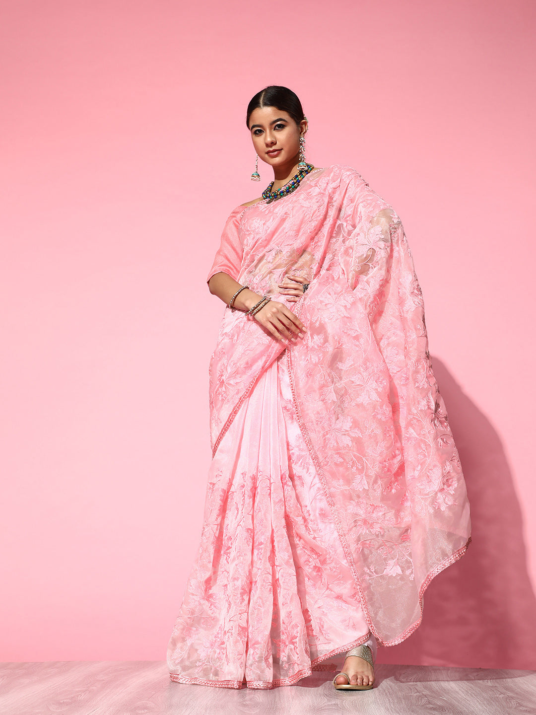 Saree Mall Pink Floral Embroidered Organza Saree - Distacart