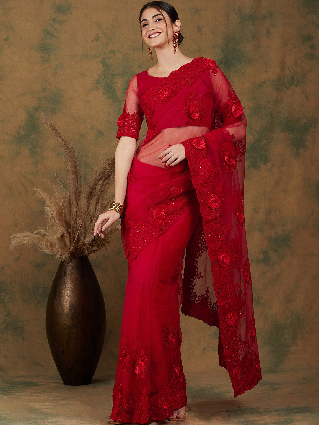 Sangria Red Floral Embroidered Saree - Distacart