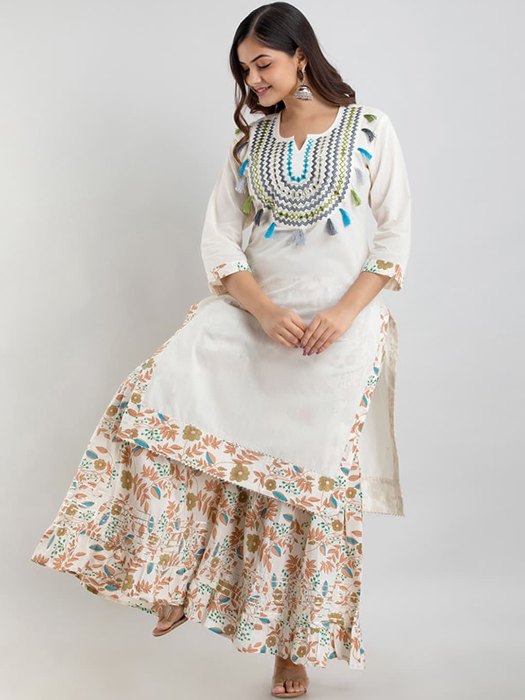 Kalini Off White Floral Yoke Desig Mirror Work Pure Cotton Kurta & Sharara With Dupatta - Distacart