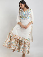Thumbnail for Kalini Off White Floral Yoke Desig Mirror Work Pure Cotton Kurta & Sharara With Dupatta - Distacart