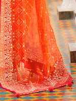 Thumbnail for Anouk Orange & Red Bandhani Beads and Stones Pure Georgette Saree - Distacart