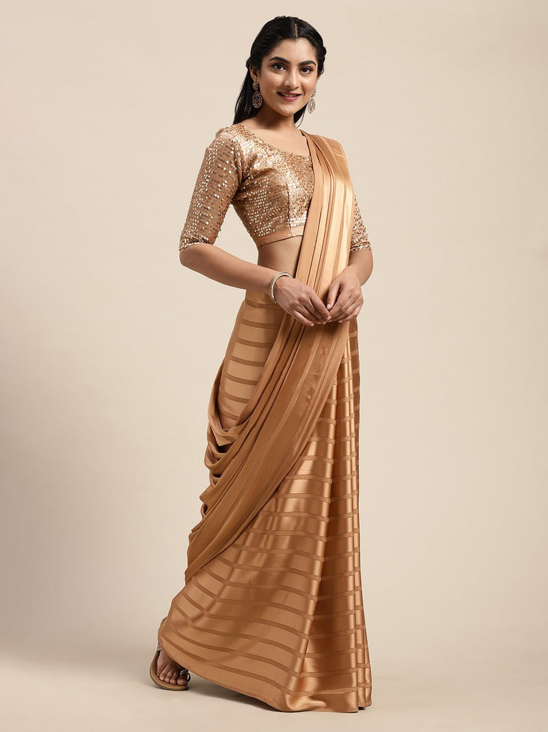 Saree Mall Brown Striped Satin Saree - Distacart