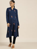 Thumbnail for Sangria Deep Navy Blue Acrylic Winter Kurta - Distacart