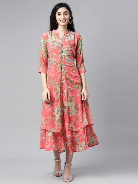 Souchii Women Pink & Green Floral Layered A-Line Midi Dress - Distacart