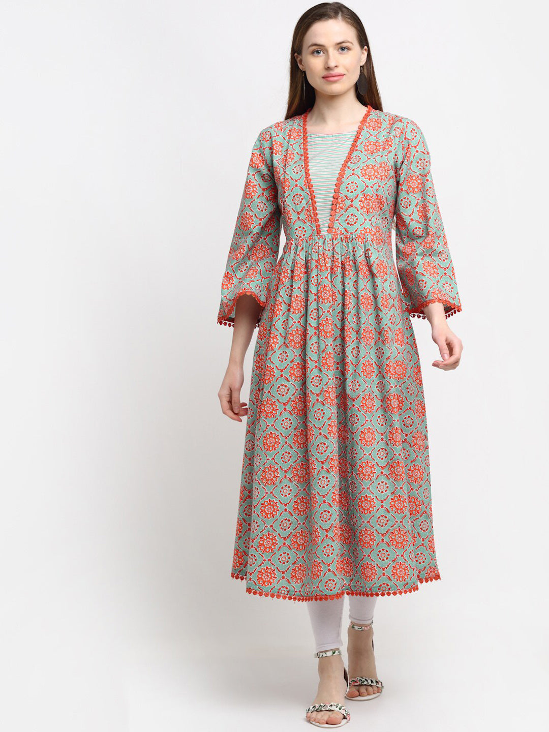 Kalini Women Red & Green Ethnic Motifs Printed Cotton A-line Kurta - Distacart