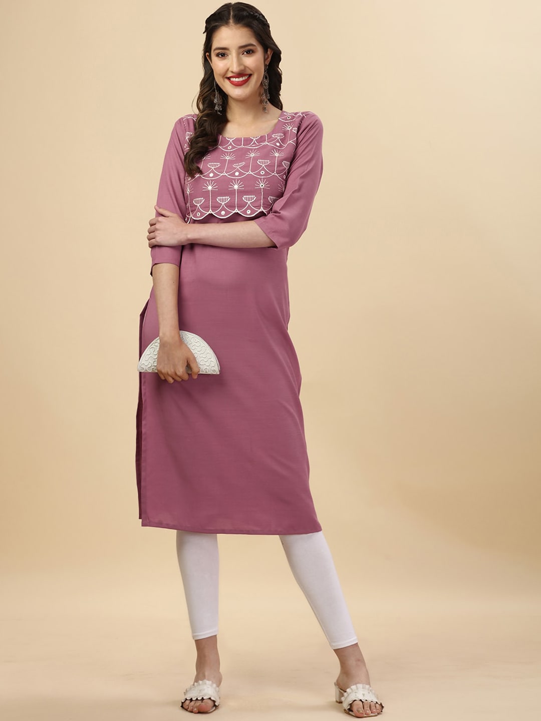 HERE&NOW Mauve & Biege Ethnic Motifs Embroidered Yoke Design Mirror Work Kurta - Distacart