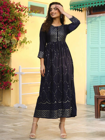 Juniper Women's Navy Festive Embroidered Flared Dress - Distacart
