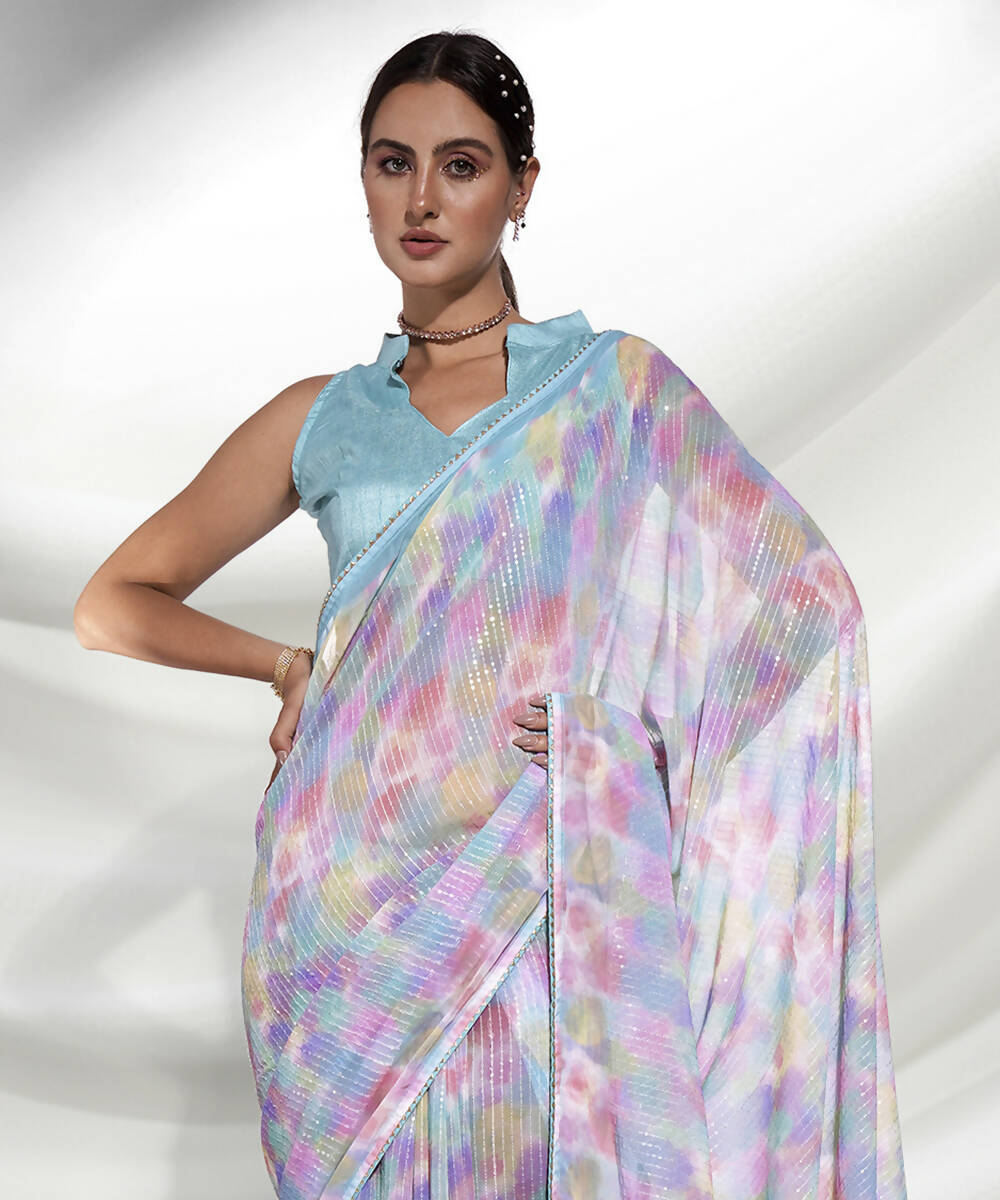 Blue Georgette Sequence Embroidery Saree With Unstitched Blouse Piece - Rajal - Distacart