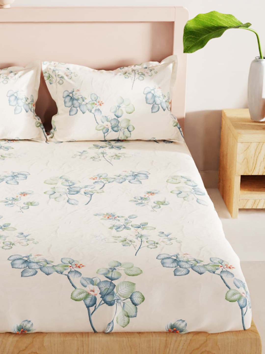BIANCA Beige & Green Floral 186 TC King Bedsheet with 2 Pillow Covers - Distacart