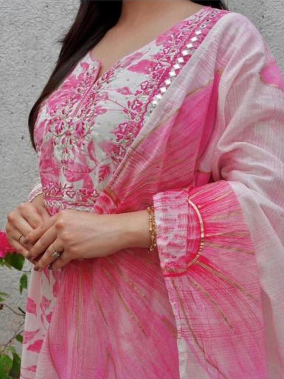 Kalini Floral Printed Mirror Work Anarkali Pure Cotton Kurta with Palazzo & Dupatta - Distacart