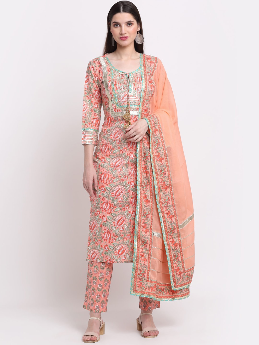 Kalini Women Peach-Coloured Paisley Printed Pure Cotton Kurta with Trousers & With Dupatta - Distacart